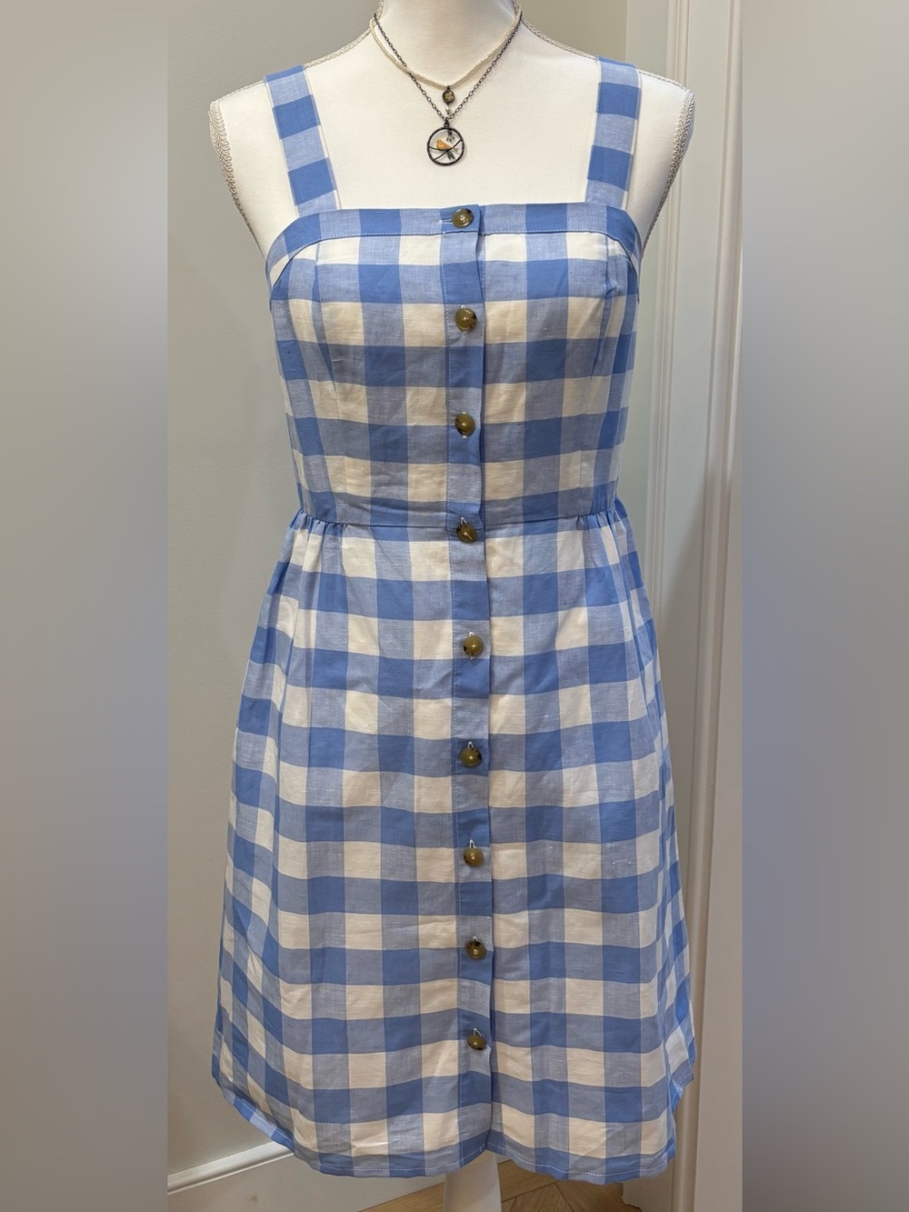 Gingham Sundress Blue and White J Crew Button-Front, Size 2, Linen Cottagecore - Picture 8 of 10